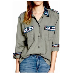 Rails Kona Button Front‎ Linen Blend Shirt Embroidered Green Southwest Womens XS